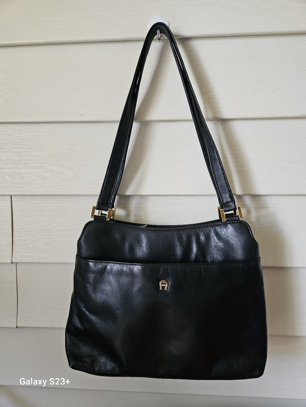 Vintage AIGNER Black Leather Shoulder Bag with Gold Accent